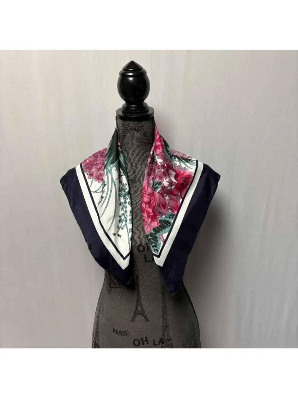 Overseas Advantage Polyester Square Scarf Silky Pink Green Floral Navy Vintage